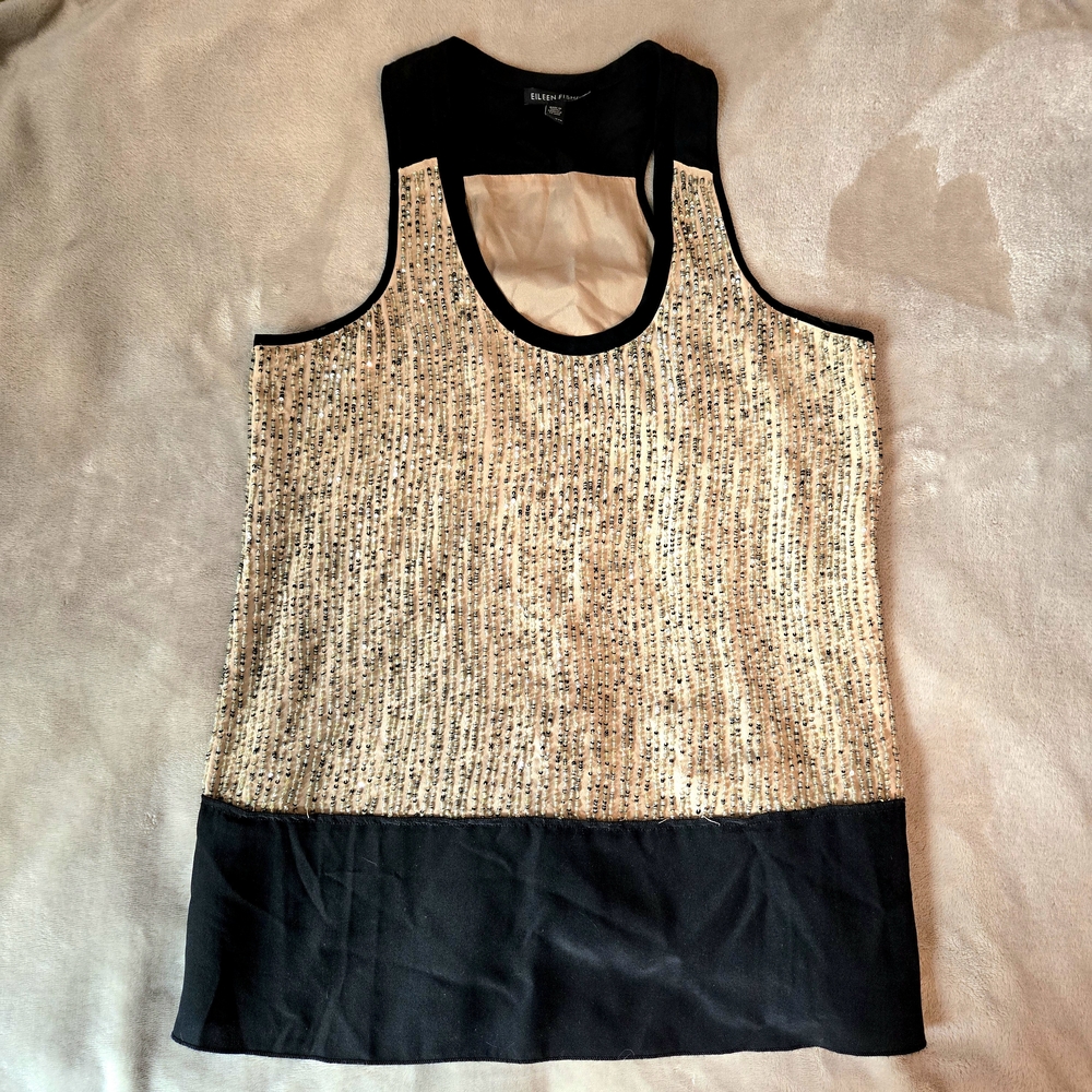 Eileen Fisher Beaded Black and Cream Racerback Tank